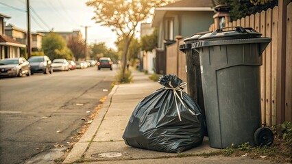 Garbage Bag and Overflowing Waste Bins on a Sidewalk in a Residential Urban Neighborhood