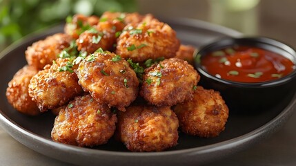 A plate of fried chicken with a dipping sauce