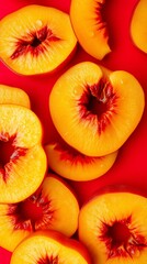 Fresh Peach Slices with Green Leaves on a Vibrant Red Background