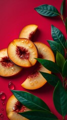 Fresh Peach Slices with Green Leaves on a Vibrant Red Background