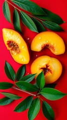 Fresh Peach Slices with Green Leaves on a Vibrant Red Background