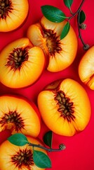 Fresh Peach Slices with Green Leaves on a Vibrant Red Background