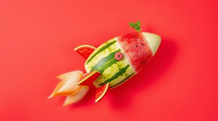  A unique and playful flat-lay composition featuring a rocket ship creatively crafted from watermelon, launching from a bed of peaches, mint leaves, and fruit elements against a warm red background.