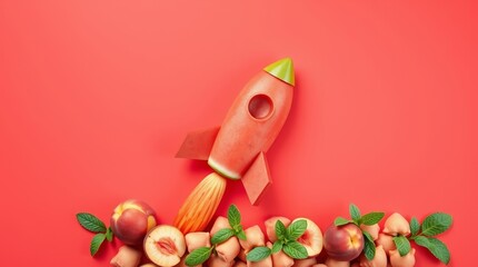  A unique and playful flat-lay composition featuring a rocket ship creatively crafted from watermelon, launching from a bed of peaches, mint leaves, and fruit elements against a warm red background.