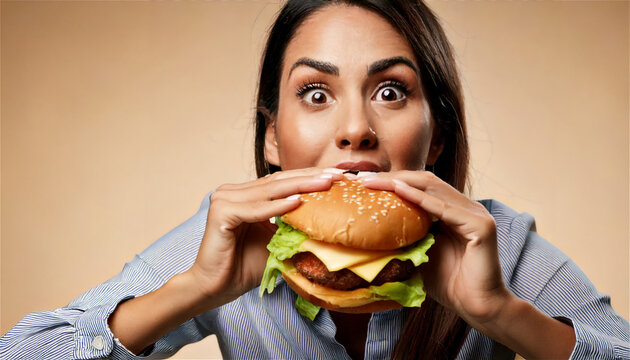 mujer comiendo hamburguesa 