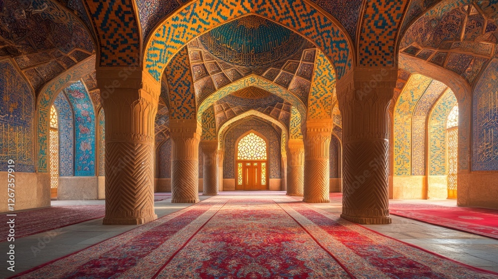 Poster Intricate tiled patterns and ornate arches surround a spacious interior. Sunlight streams through stained glass, casting colorful reflections on rich carpets, inviting tranquility and reflection