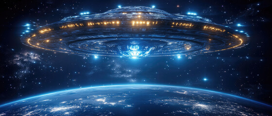 Huge Alien Spaceship Hovering Over Planet Earth with Bright Lights and High-Tech Equipment
