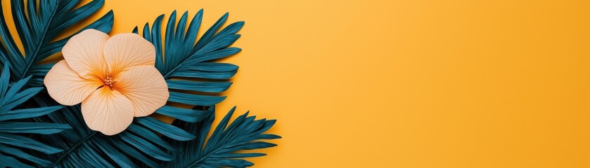 Tropical Flower Arrangement with Beige Blossom and Green Leaves on Bright Yellow Background