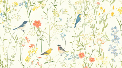 Naklejka premium Delicate Wildflower and Bird Pattern in Pastel Watercolor Style. Seamless pattern, floral wallpaper.