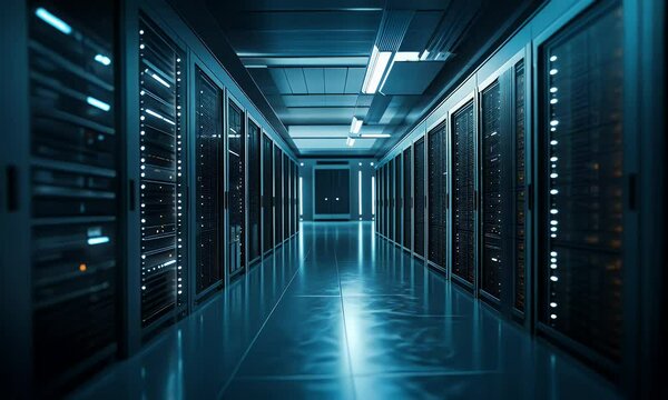 Data center server room corridor, technology infrastructure, digital future