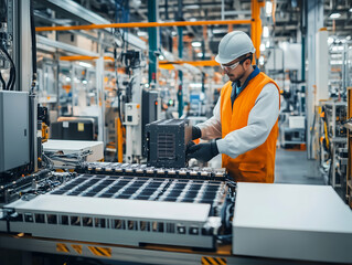 Worker is working on the production line of electric vehicle battery. Holding and assembling black commercial battery cells in their hands while wearing safety glasses and orange vest with a hard hat.