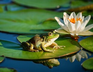 una rana encima de un nenufar en un lago frondoso lleno de nenufares y flores de lotto