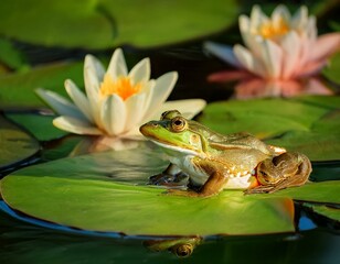 una rana encima de un nenufar en un lago frondoso lleno de nenufares y flores de lotto