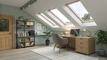Modern Minimalist Home Office Interior with Natural Light and Cozy Atmosphere