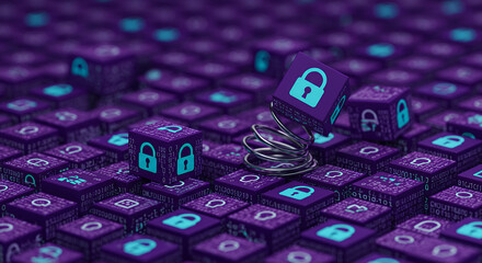 Cyber Security: Lock Cubes on Springs - Data Protection, Online Safety, & Digital Fortress | Secure Networks & Encryption Concept