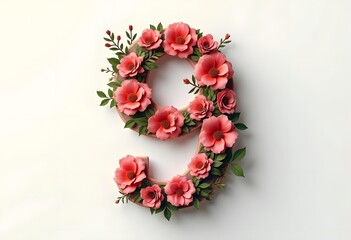 Number nine made of various colorful flowers and plants
