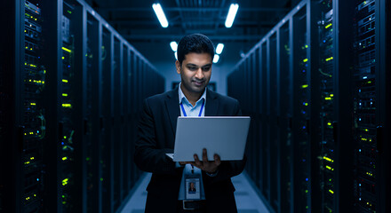 Server Room Expertise: IT Professional Managing Data Center with Laptop. Secure Network Infrastructure, Cyber Security Solutions.