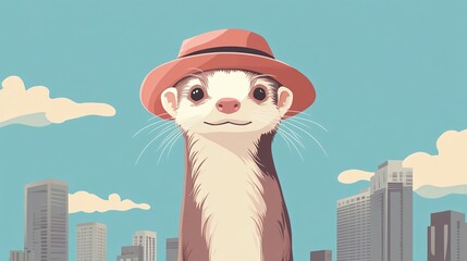 Humorous Ferret Wearing Hat on City Landscape