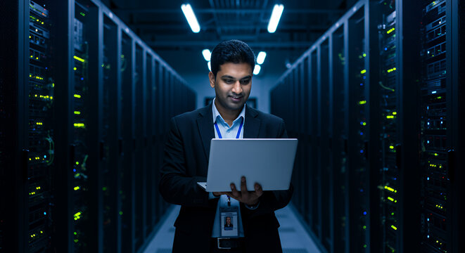 Server Room Expertise: IT Professional Managing Data Center with Laptop. Secure Network Infrastructure, Cyber Security Solutions.