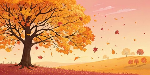 Vibrant Autumn Landscape with Colorful Leaves Falling from a Tree Under a Sunset Sky