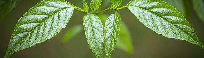 Close-up of vibrant green leaves showcasing intricate veins and a fresh appearance, set against a soft, blurred background.