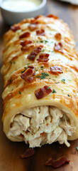 Close-up of a freshly baked chicken bacon ranch stromboli, featuring golden-brown crust, melted cheese, and savory filling