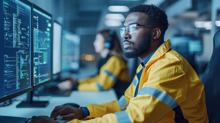 Technicians monitoring cloud data center systems for performance