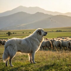 Obraz premium Anatolian Shepherd Guarding Sheep in Open Field