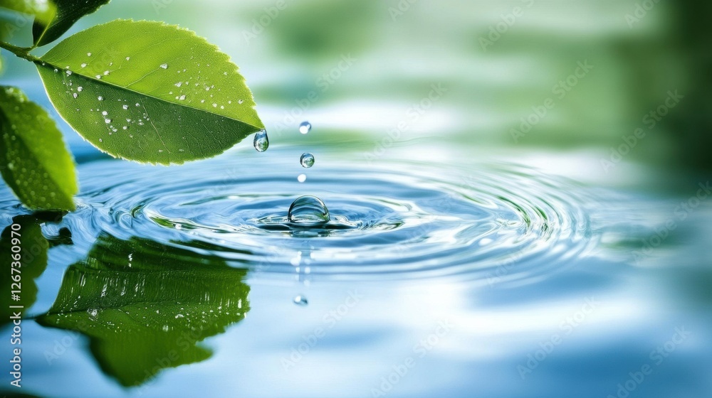 Poster water droplets falling from a green leaf create ripples in a serene blue pond during daytime. genera