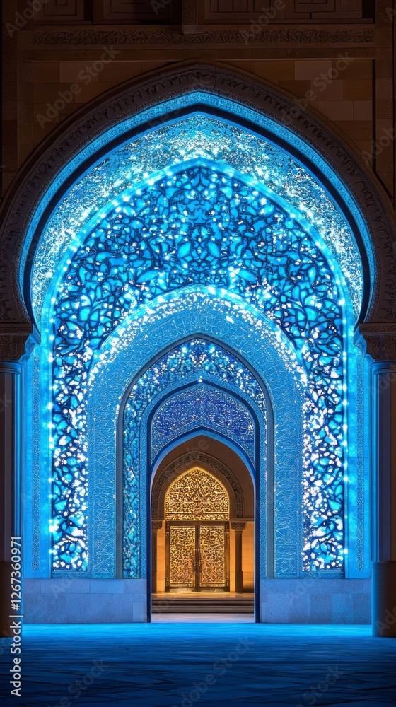 Poster an enchanting archway adorned with intricate blue islamic designs welcomes visitors. the luminous pa