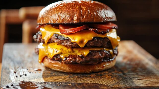 Giant fat cheeseburger with double beef and bacon on wooden surface