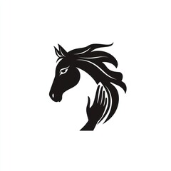 Black horse head with hand petting on the neck. Plain background. Logo, graphic design, business card use
