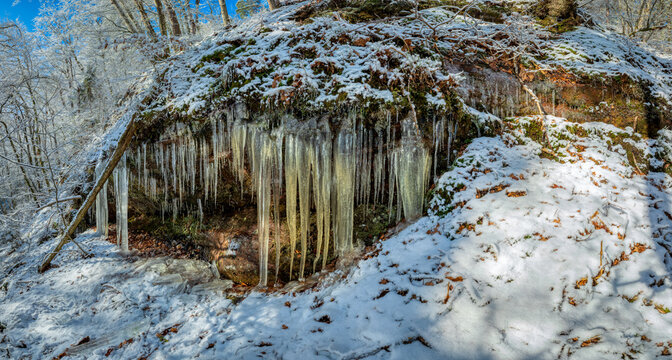 Dahner Felsenland after rainy days frost comes and with it many icicles that grow on the various rocks, fascinating shapes and structures