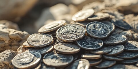 Pile of ancient silver coins resembling ptolemaic kingdom currency resting on rocky surface in israel