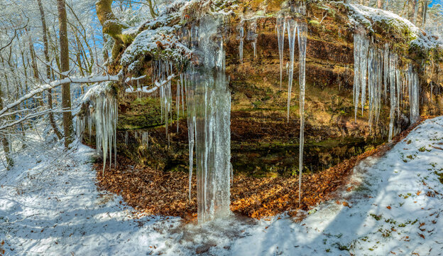 Dahner Felsenland after rainy days frost comes and with it many icicles that grow on the various rocks, fascinating shapes and structures
