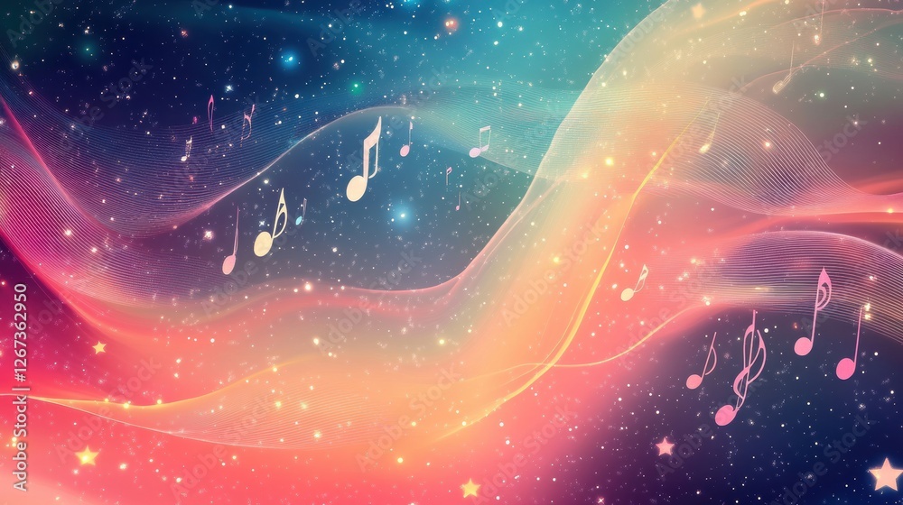 Poster Colorful abstract background with music notes and wavy patterns in a starry night sky. Generative AI