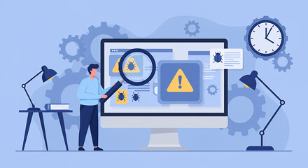 Bug Hunting: Software Testing & Cybersecurity - Man with Magnifying Glass, Alerts, Clock, & Gears. Code Debugging & Security Concept.