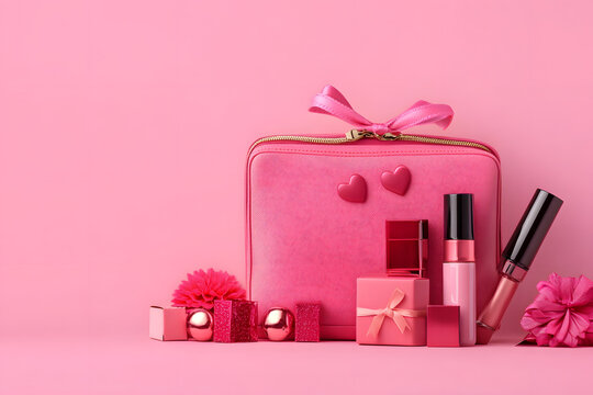 Cosmetic bag with makeup products and gift box on pink background. Valentine's day celebration
