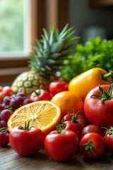 A crisp, high-resolution arrangement of vibrant fresh fruits and vegetables, neatly displayed on a rustic wooden table under natural sunlight