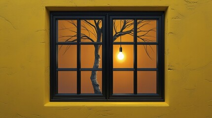 Obraz premium black window mounted on a yellow wall