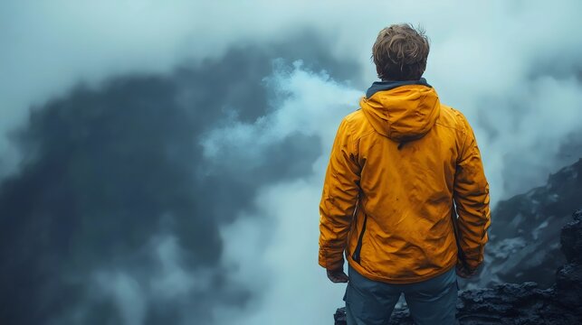 A man in a yellow jacket stands on a mountain top