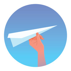Hand launches a paper airplane into the sky