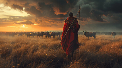 A young herdsman in Kenya?s Maasai Mara watches over cattle; his red shuka robe and spear standing as symbols of his tribe?s enduring traditions and connection to the land.