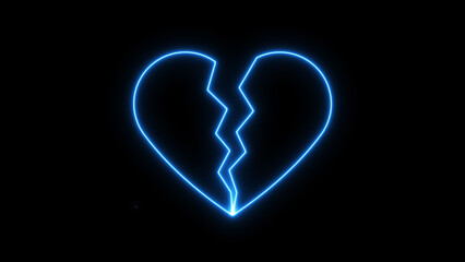 neon glowing broken heart icon on black background. Highlighting themes of heartbreak icon. Line Heartbroken line stroke.