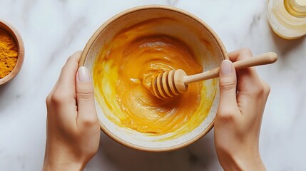 Mixing natural facial mask ingredients in a wooden bowl for skincare routine