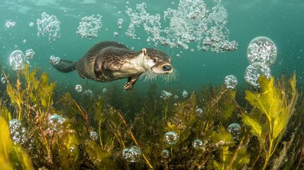 Obraz premium Underwater Otter Swimming Amidst Seaweed and Bubbles