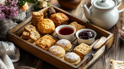 Delicious Assortment of Baked Goods on Wooden Tray with Tea Set