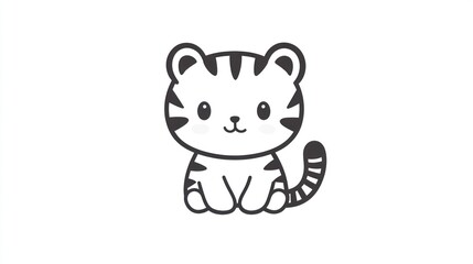 Obraz premium Cute cartoon tiger cub sitting, white background, children's book illustration