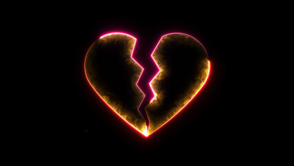 neon glowing broken heart icon on black background. Highlighting themes of heartbreak icon. Line Heartbroken line stroke.
