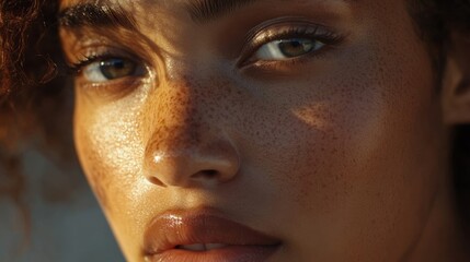 Fototapeta premium Close-up portrait of a freckled woman with glowing skin in warm sunlight